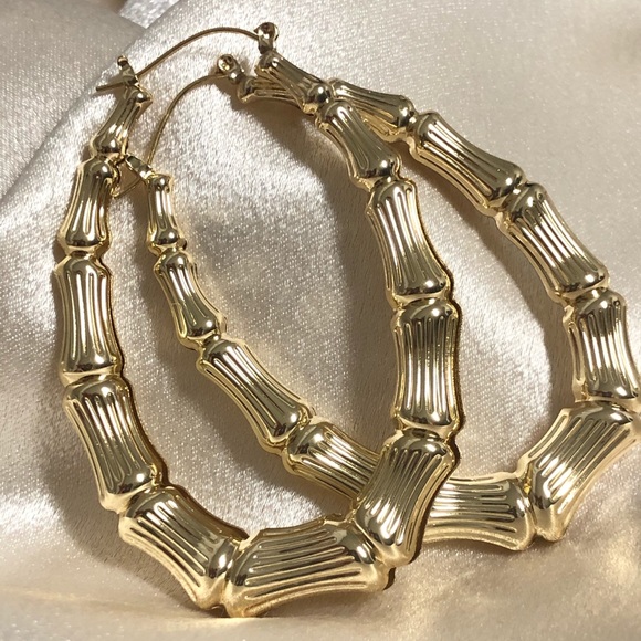 14k Gold Filled Bamboo Oval Hoop Earrings - Picture 1 of 9